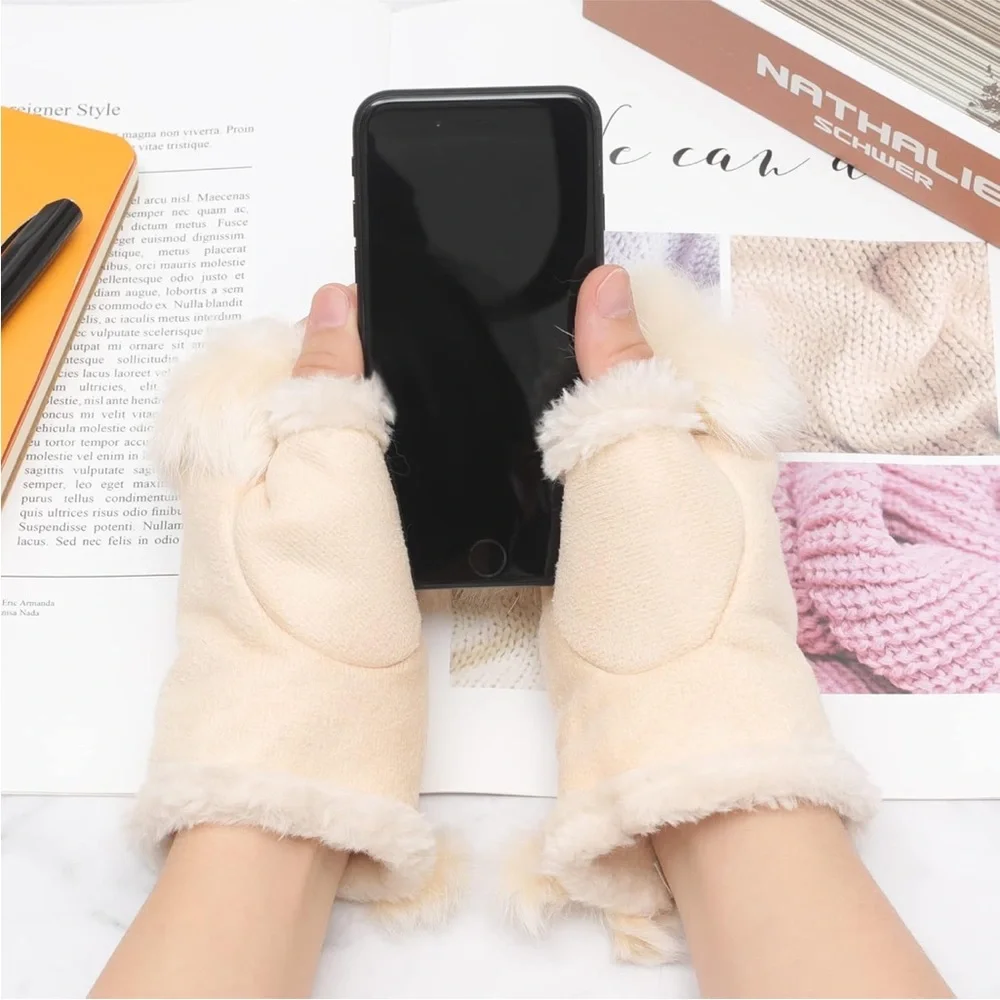 Beige Fingerless Gloves with Fur